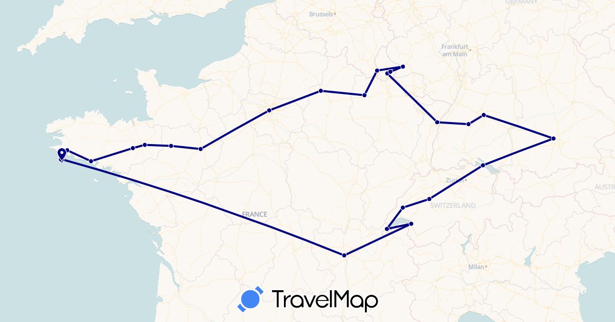 TravelMap itinerary: driving in Belgium, Switzerland, Germany, France, Luxembourg (Europe)